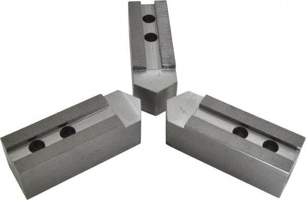 H & R Manufacturing - 1.5mm x 60° Serrated Attachment, Square Soft Lathe Chuck Jaw - 3 Jaws, Steel, 1.69" Btw Mount Hole Ctrs, 7-1/2" Long x 2-1/2" Wide x 2-1/2" High, 0.866" Groove, 20mm Fastener - Best Tool & Supply