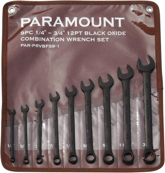 Paramount - 9 Piece, 1/4" to 3/4", 12 Point Combination Wrench Set - Inch Measurement Standard, Black Oxide Finish, Comes in Canvas Roll - Best Tool & Supply