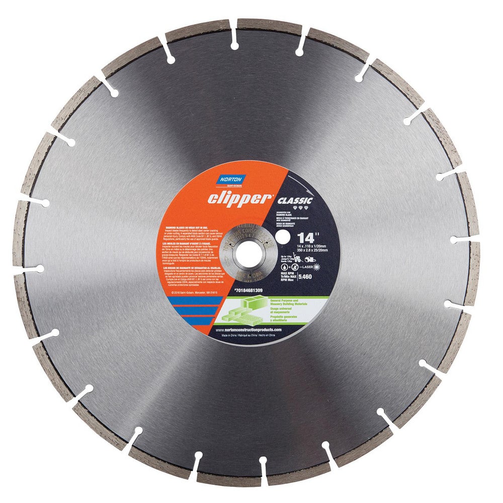 Wet & Dry Cut Saw Blade: 14″ Dia, 1″ Arbor Hole, 0.11″ Kerf Width, 20 Teeth High Speed Steel Teeth, Use on Concrete, Standard Arbor