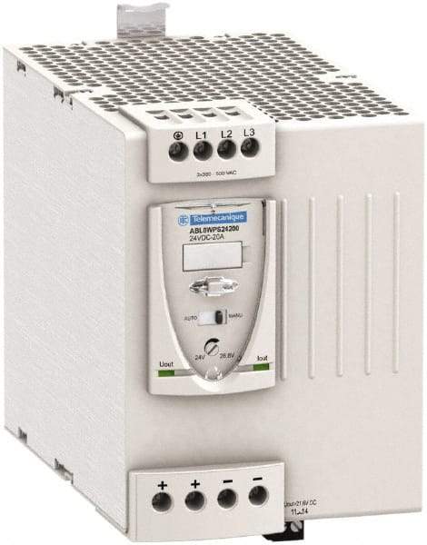 Schneider Electric - 480 Watt, 20 Amp, 380 to 500 VAC Input, 24 VDC Output, DIN Rail Power Supply - Screw Connection, 165mm Wide x 155mm Deep x 143mm High, 92-100% Efficiency, Green LED Output, Red LED Output - Best Tool & Supply