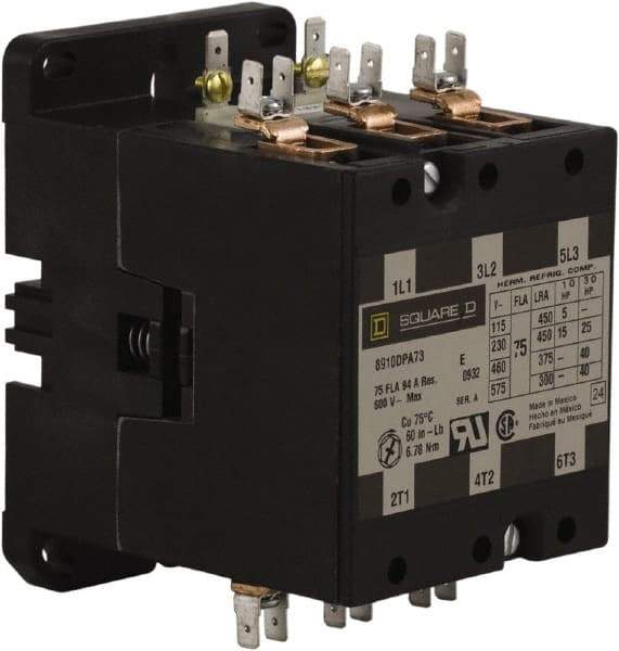 Square D - 3 Pole, 75 Amp Inductive Load, 24 Coil VAC at 50/60 Hz, Definite Purpose Contactor - Phase 1 and Phase 3 Hp:  15 at 230 VAC, 25 at 230 VAC, 40 at 460 VAC, 40 at 575 VAC, 5 at 115 VAC, 94 Amp Resistive Rating, CE, CSA, UL Listed - Best Tool & Supply