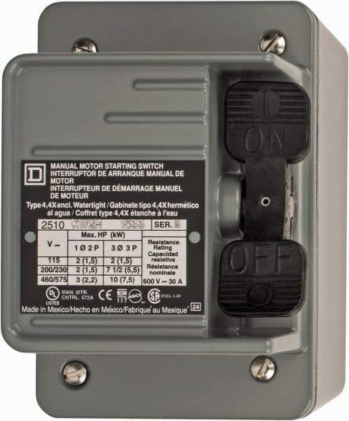 Square D - 3 Poles, 30 Amp, NEMA, Enclosed Toggle Manual Motor Starter - 1 hp at 90 VDC, 10 hp at 460 VAC, 10 hp at 575 VAC, 1-1/2 hp at 230 VDC, 2 hp at 115 VAC, 2 hp at 115 VDC & 7-1/2 hp at 230 VAC, CE, CSA, NEMA 4 & UL Listed - Best Tool & Supply