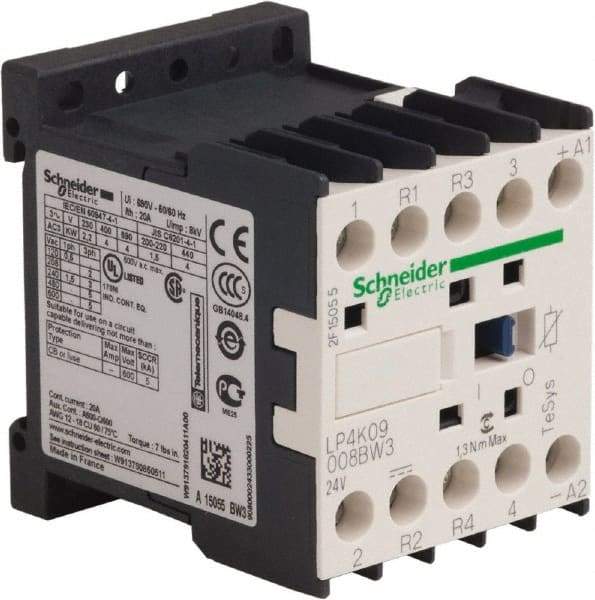 Schneider Electric - 4 Pole, 24 Coil VDC, 16 Amp at 690 VAC and 20 Amp at 440 VAC, Nonreversible IEC Contactor - BS 5424, CSA, IEC 60947, NF C 63-110, RoHS Compliant, UL Listed, VDE 0660 - Best Tool & Supply