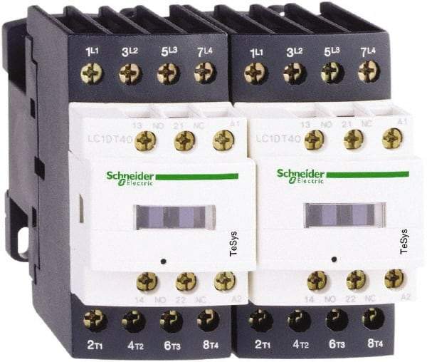 Schneider Electric - 3 Pole, 120 Coil VAC at 50/60 Hz, 40 Amp at 440 VAC, Reversible IEC Contactor - 1 Phase hp: 3 at 115 VAC, 5 at 230/240 VAC, 3 Phase hp: 10 at 200/208 VAC, 10 at 230/240 VAC, 30 at 460/480 VAC, 30 at 575/600 VAC - Best Tool & Supply