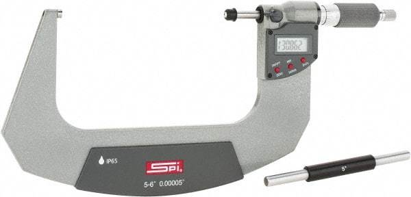 SPI - 5 to 6" Range, 0.00005" Resolution, Double Ratchet IP65 Electronic Outside Micrometer - 0.0002" Accuracy, Ratchet-Friction Thimble, Carbide Face, CR2032 Battery, Includes NIST Traceable Certification of Inspection - Best Tool & Supply