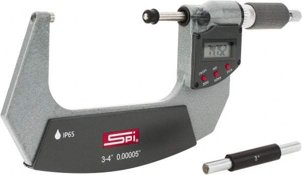 SPI - 3 to 4" Range, 0.00005" Resolution, Double Ratchet IP65 Electronic Outside Micrometer - 0.0002" Accuracy, Ratchet-Friction Thimble, Carbide Face, CR2032 Battery, Includes NIST Traceable Certification of Inspection - Best Tool & Supply