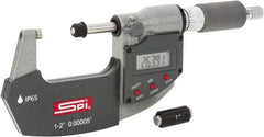 SPI - 1 to 2" Range, 0.00005" Resolution, Double Ratchet IP65 Electronic Outside Micrometer - 0.0002" Accuracy, Ratchet-Friction Thimble, Carbide Face, CR2032 Battery, Includes NIST Traceable Certification of Inspection - Best Tool & Supply