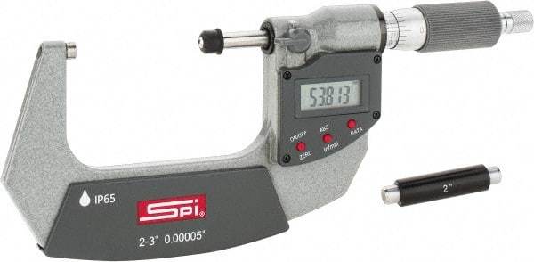 SPI - 2 to 3" Range, 0.00005" Resolution, Double Ratchet IP65 Electronic Outside Micrometer - 0.0002" Accuracy, Ratchet-Friction Thimble, Carbide Face, CR2032 Battery, Includes NIST Traceable Certification of Inspection - Best Tool & Supply