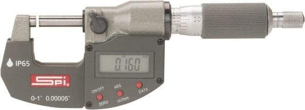 SPI - 0 to 1" Range, 0.00005" Resolution, Double Ratchet IP65 Electronic Outside Micrometer - 0.0001" Accuracy, Ratchet-Friction Thimble, Carbide Face, CR2032 Battery, Includes NIST Traceable Certification of Inspection - Best Tool & Supply