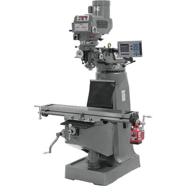 Jet - 9" Table Width x 49" Table Length, Variable Speed Pulley Control, 3 Phase Knee Milling Machine - R8 Spindle Taper, 3 hp - Best Tool & Supply