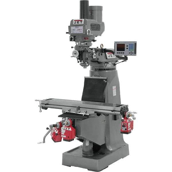 Jet - 9" Table Width x 49" Table Length, Variable Speed Pulley Control, 3 Phase Knee Milling Machine - R8 Spindle Taper, 3 hp - Best Tool & Supply