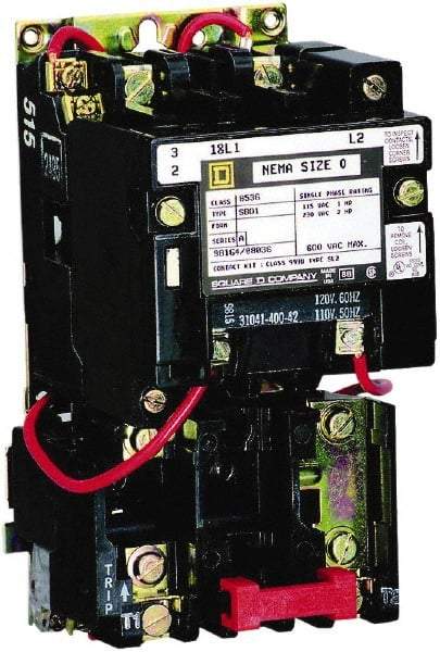 Square D - 110 Coil VAC at 50 Hz, 120 Coil VAC at 60 Hz, 18 Amp, Nonreversible Open Enclosure NEMA Motor Starter - 1 Phase hp: 1 at 115 VAC, 2 at 230 VAC, 3 Phase hp: 1 at 115 VAC, 2 at 230 VAC - Best Tool & Supply