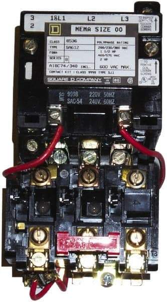 Square D - 220 Coil VAC at 50 Hz, 240 Coil VAC at 60 Hz, 9 Amp, Nonreversible Open Enclosure NEMA Motor Starter - 3 Phase hp: 1-1/2 at 200 VAC, 1-1/2 at 230 VAC, 2 at 460 VAC, 2 at 575 VAC - Best Tool & Supply