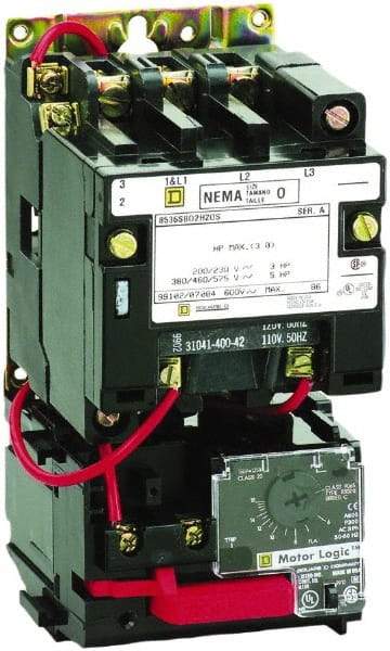 Square D - 110 Coil VAC at 50 Hz, 120 Coil VAC at 60 Hz, 9 Amp, Nonreversible Open Enclosure NEMA Motor Starter - 3 Phase hp: 1-1/2 at 200 VAC, 1-1/2 at 230 VAC, 2 at 460 VAC, 2 at 575 VAC - Best Tool & Supply