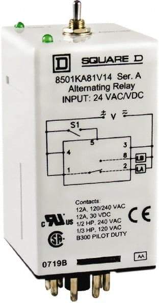 Square D - 11 Pins, 1/2 hp at 240 Volt & 1/3 hp at 120 Volt, Electromechanical Plug-in General Purpose Relay - 12 Amp at 240 VAC, DPDT, 240 VAC, 36mm Wide x 65mm High x 44mm Deep - Best Tool & Supply