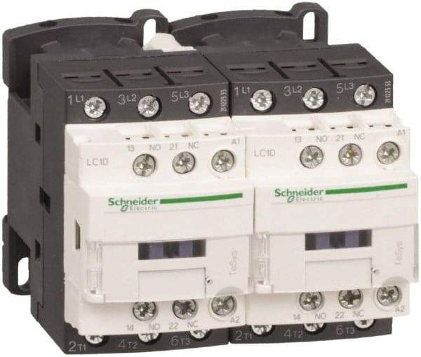 Schneider Electric - 3 Pole, 220 Coil VAC at 50/60 Hz, 12 Amp at 440 VAC, Reversible IEC Contactor - 1 Phase hp: 1 at 115 VAC, 2 at 230/240 VAC, 3 Phase hp: 10 at 575/600 VAC, 3 at 200/208 VAC, 3 at 230/240 VAC, 7.5 at 460/480 VAC - Best Tool & Supply