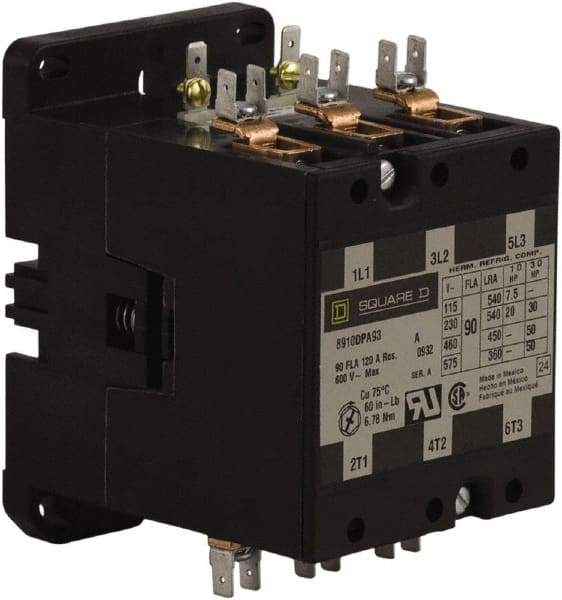 Square D - 3 Pole, 90 Amp Inductive Load, 277 Coil VAC at 60 Hz, Definite Purpose Contactor - Phase 1 and Phase 3 Hp:  20 at 230 VAC, 30 at 230 VAC, 50 at 460 VAC, 50 at 575 VAC, 7.5 at 115 VAC, 120 Amp Resistive Rating, CE, CSA, UL Listed - Best Tool & Supply