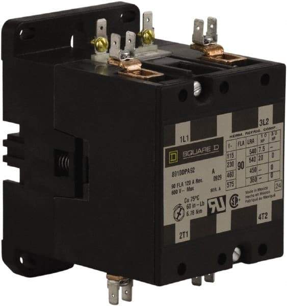 Square D - 2 Pole, 90 Amp Inductive Load, 110 Coil VAC at 50 Hz and 120 Coil VAC at 60 Hz, Definite Purpose Contactor - Phase 1 Hp:  20 at 230 VAC, 7.5 at 115 VAC, 120 Amp Resistive Rating, CE, CSA, UL Listed - Best Tool & Supply