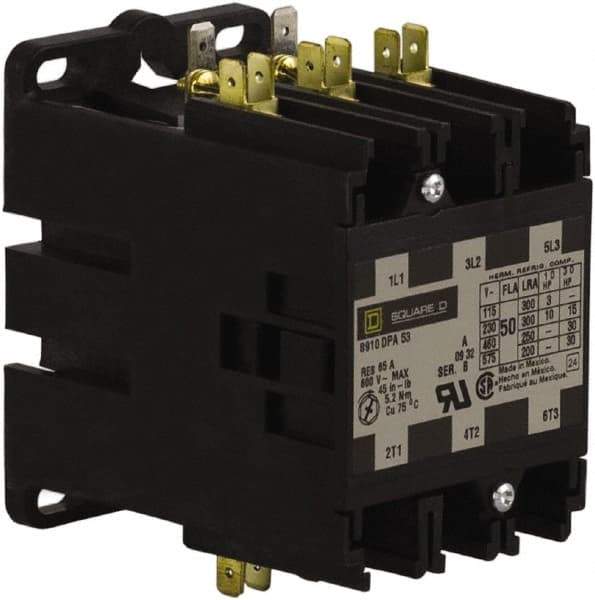 Square D - 3 Pole, 50 Amp Inductive Load, 277 Coil VAC at 60 Hz, Definite Purpose Contactor - Phase 1 and Phase 3 Hp:  10 at 230 VAC, 15 at 230 VAC, 3 at 115 VAC, 30 at 460 VAC, 30 at 575 VAC, 65 Amp Resistive Rating, CE, CSA, UL Listed - Best Tool & Supply