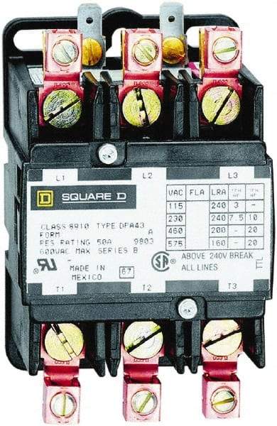 Square D - 3 Pole, 40 Amp Inductive Load, 24 Coil VAC at 50/60 Hz, Definite Purpose Contactor - Phase 1 and Phase 3 Hp:  10 at 230 VAC, 20 at 460 VAC, 25 at 575 VAC, 3 at 115 VAC, 7.5 at 230 VAC, 50 Amp Resistive Rating, CE, CSA, UL Listed - Best Tool & Supply