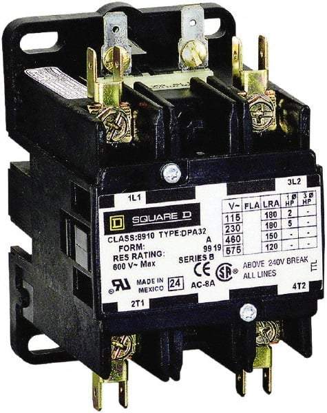 Square D - 2 Pole, 90 Amp Inductive Load, 208 to 240 Coil VAC at 60 Hz and 220 Coil VAC at 50 Hz, Definite Purpose Contactor - Phase 1 Hp:  20 at 230 VAC, 7.5 at 115 VAC, 120 Amp Resistive Rating, CE, CSA, UL Listed - Best Tool & Supply