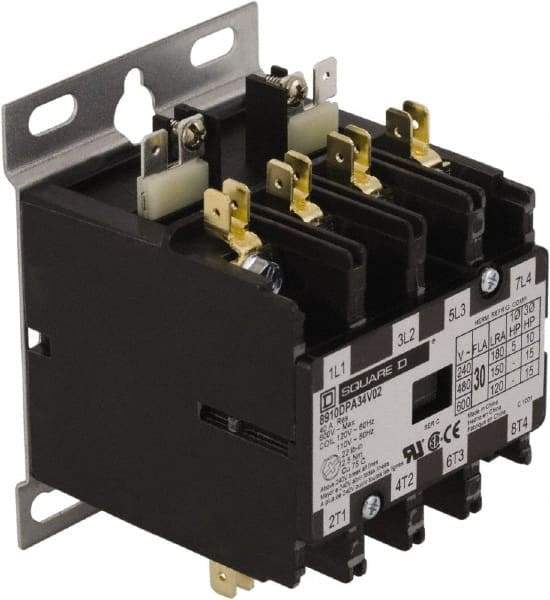 Square D - 4 Pole, 30 Amp Inductive Load, 24 Coil VAC at 50/60 Hz, Definite Purpose Contactor - Phase 1 and Phase 3 Hp:  10 at 230 VAC, 15 at 460 VAC, 2 at 115 VAC, 20 at 575 VAC, 5 at 230 VAC, 40 Amp Resistive Rating, CE, CSA, UL Listed - Best Tool & Supply