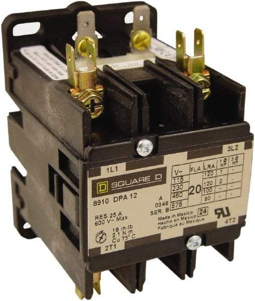 Square D - 2 Pole, 25 Amp Inductive Load, 208 to 240 Coil VAC at 60 Hz and 220 Coil VAC at 50 Hz, Definite Purpose Contactor - Phase 1 Hp:  2 at 115 VAC, 5 at 230 VAC, 35 Amp Resistive Rating, CE, CSA, UL Listed - Best Tool & Supply