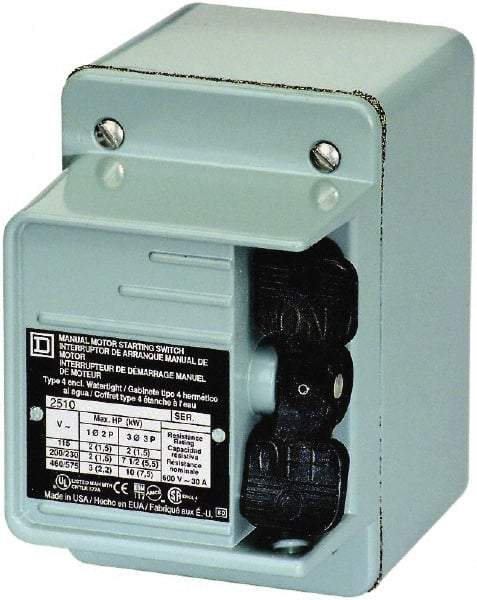 Square D - 2 Poles, 30 Amp, NEMA, Enclosed Toggle Manual Motor Starter - 1 hp at 90 VDC, 1-1/2 hp at 230 VDC, 2 hp at 115 VAC, 2 hp at 115 VDC, 2 hp at 230 VAC, 3 hp at 460 VAC & 3 hp at 575 VAC, CE, CSA, NEMA 4 & UL Listed - Best Tool & Supply