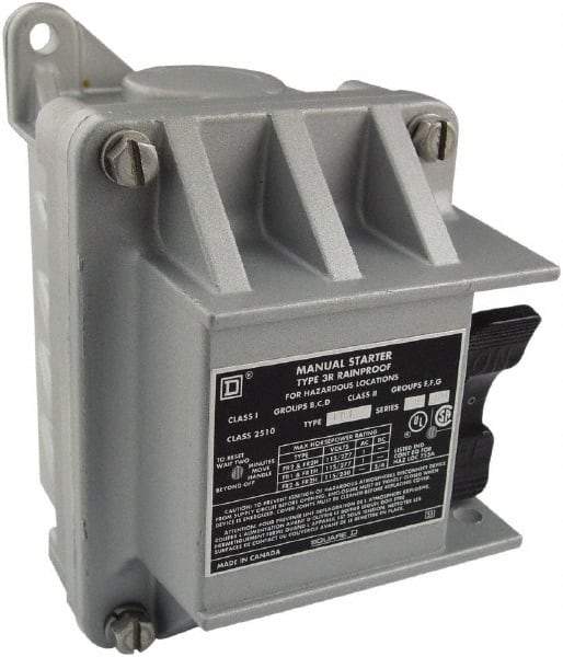 Square D - 2 Poles, 30 Amp, NEMA, Enclosed Toggle Manual Motor Starter - 1 hp at 90 VDC, 1-1/2 hp at 230 VDC, 2 hp at 115 VAC, 2 hp at 115 VDC, 2 hp at 230 VAC, 3 hp at 460 VAC & 3 hp at 575 VAC, CE, CSA, NEMA 3R/7/9 & UL Listed - Best Tool & Supply