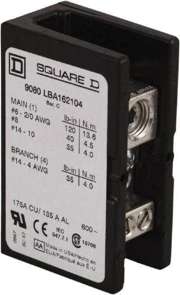 Square D - 1 Pole, 175 (Copper) Amp, Phenolic Power Distribution Block - 600 VAC, 1 Primary Connection - Best Tool & Supply