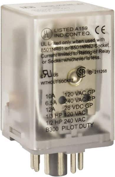 Square D - 8 Pins, 1 hp at 277 Volt & 1/3 hp at 120 Volt, 3 VA Power Rating, Octal Electromechanical Plug-in General Purpose Relay - 10 Amp at 250 VAC, DPDT, 48 VDC, 34.9mm Wide x 50.3mm High x 35.4mm Deep - Best Tool & Supply