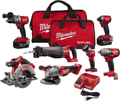 Milwaukee Tool - 18 Volt Cordless Tool Combination Kit - Includes Hammer Drill, Impact Driver, Reciprocating Saw, Circular Saw, Grinder, Work Light & 1/2" Impact Wrench, Lithium-Ion Battery Included - Best Tool & Supply