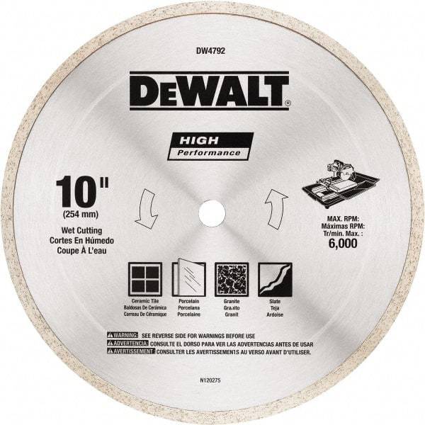 DeWALT - 10" Diam, 5/8" Arbor Hole Diam, Wet & Dry Cut Saw Blade - Diamond-Tipped, Standard Round Arbor - Best Tool & Supply