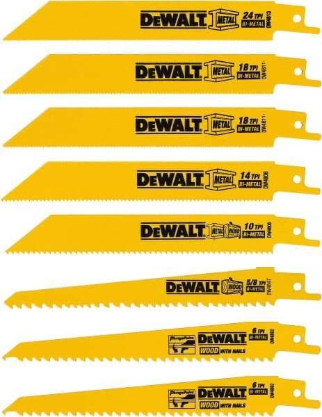 DeWALT - 8 Pieces, 4" to 6" Long x 0.04" Thickness, Bi-Metal Reciprocating Saw Blade Set - Straight Profile, 4 to 24 Teeth, Toothed Edge - Best Tool & Supply