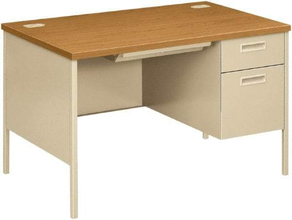 Hon - Laminate/Metal Right Pedestal Desk with Center Drawer - 48" Wide x 30" Deep x 29" High, Harvest/Putty - Best Tool & Supply