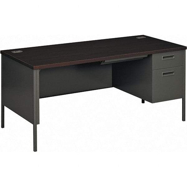 Hon - Plastic Laminated Top Single Pedestal with Right Hand Return Desk with Center Drawer - 66" Wide x 30" Deep x 29-1/2" High, Mahogany/Charcoal - Best Tool & Supply