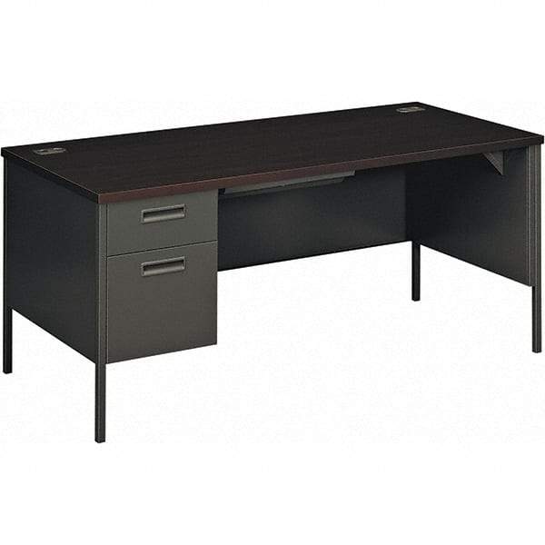 Hon - Plastic Laminated Top Single Pedestal Desk with Center Drawer - 66" Wide x 30" Deep x 29-1/2" High, Mahogany/Charcoal - Best Tool & Supply