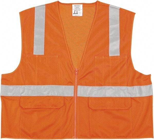 MCR Safety - Size XL High Visibility Orange Mesh/Solid General Purpose Vest - 25.4" Chest, ANSI 107-2015, Nonconductive Zipper Closure, 6 Pockets, Polyester - Best Tool & Supply