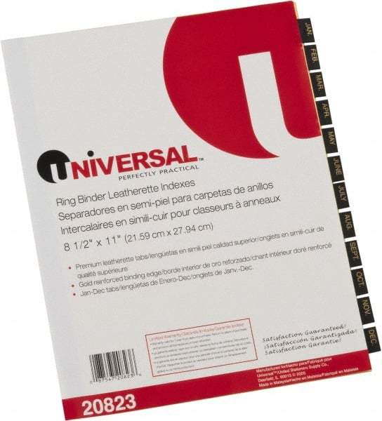 UNIVERSAL - 8-1/2 x 11" Jan to Dec Label, 12 Tabs, Single Side Gold Mylar Reinforced Binding Edge, Simulated Leather Prepinted Tab Dividers, Gold Print - Black/Gold Tabs, Buff Folder - Best Tool & Supply