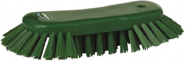 Vikan - 1.3" Bristle Length, Polyester Utility Scrub Brush - 7-3/4" Long x 3" Wide Head, 8" OAL, European Threaded Handle, Green, Polypropylene Block - Best Tool & Supply