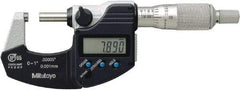 Mitutoyo - 0.0001 Inch Resolution, Standard Throat, Electronic Outside Micrometer - Includes Stand - Best Tool & Supply