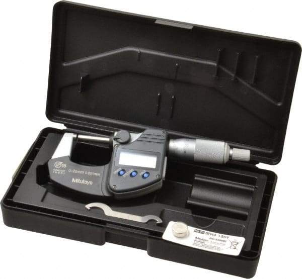 Mitutoyo - 0 to 25 mm Range, 0.001 mm Resolution, Standard Throat, IP65 Electronic Outside Micrometer - 0.001 Inch Accuracy, Ratchet Stop Thimble, Carbide Face, SR44 Battery, Data Output, Plastic Case, Includes NIST Traceable Certification of Inspection - Best Tool & Supply