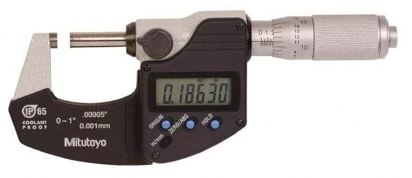 Mitutoyo - 0.0001 Inch Resolution, Standard Throat, Electronic Outside Micrometer - Includes Stand - Best Tool & Supply