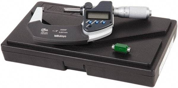 Mitutoyo - 1 to 2 Inch Range, 0.0001 Inch Resolution, Standard Throat, IP65 Electronic Outside Micrometer - 0.0001 Inch Accuracy, Friction Thimble, Carbide Face, SR44 Battery, Data Output, Plastic Case, Includes NIST Traceable Certification of Inspection - Best Tool & Supply