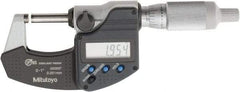 Mitutoyo - 0 to 1 Inch Range, 0.0001 Inch Resolution, Standard Throat, IP65 Electronic Outside Micrometer - 0.0001 Inch Accuracy, Ratchet Friction Thimble, Carbide Face, SR44 Battery, Plastic Case, Includes NIST Traceable Certification of Inspection - Best Tool & Supply