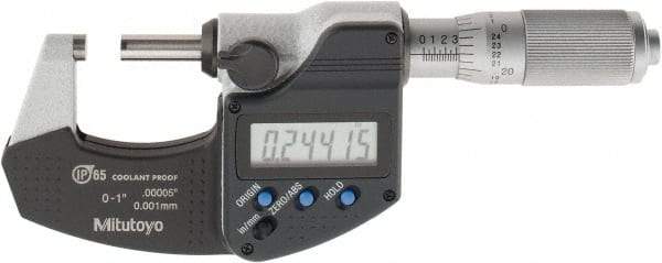 Mitutoyo - 0 to 1 Inch Range, 0.0001 Inch Resolution, Standard Throat, IP65, Electronic Outside Micrometer - 0.0001 Inch Accuracy, Friction Thimble, Carbide Face, SR44 Battery, Plastic Case, Includes NIST Traceable Certification of Inspection - Best Tool & Supply