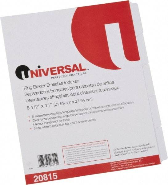 UNIVERSAL - 8-1/2 x 11" 5 Tabs, Clear Reinforced Binder Holes, Write on Erasable Tab Indexes - White - Best Tool & Supply