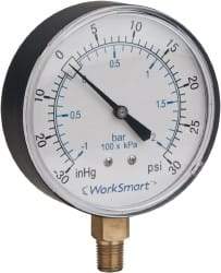 Value Collection - 1-1/2" Dial, 1/8 Thread, 0-100 Scale Range, Pressure Gauge - Lower Connection Mount, Accurate to 3-2-3% of Scale - Best Tool & Supply