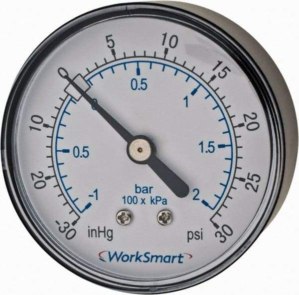 Value Collection - 2-1/2" Dial, 1/4 Thread, 30-0-30 Scale Range, Pressure Gauge - Center Back Connection Mount, Accurate to 3-2-3% of Scale - Best Tool & Supply