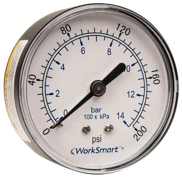 Value Collection - 2-1/2" Dial, 1/4 Thread, 0-200 Scale Range, Pressure Gauge - Center Back Connection Mount, Accurate to 3-2-3% of Scale - Best Tool & Supply